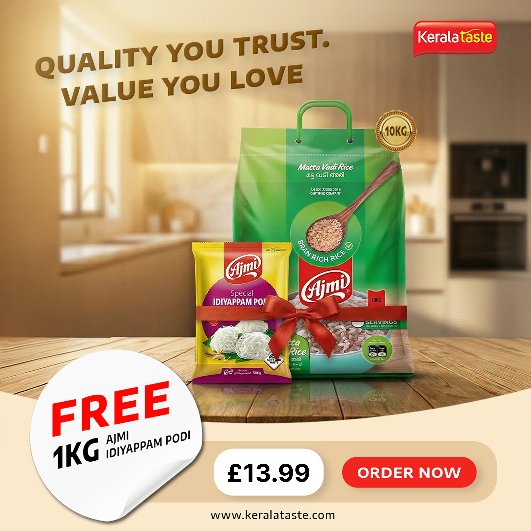 Ajmi Matta Vadi Rice (10kg) + FREE Ajmi Idiyappam Podi (1kg)    *(Any 10Kg rice is limited to one bag per order)