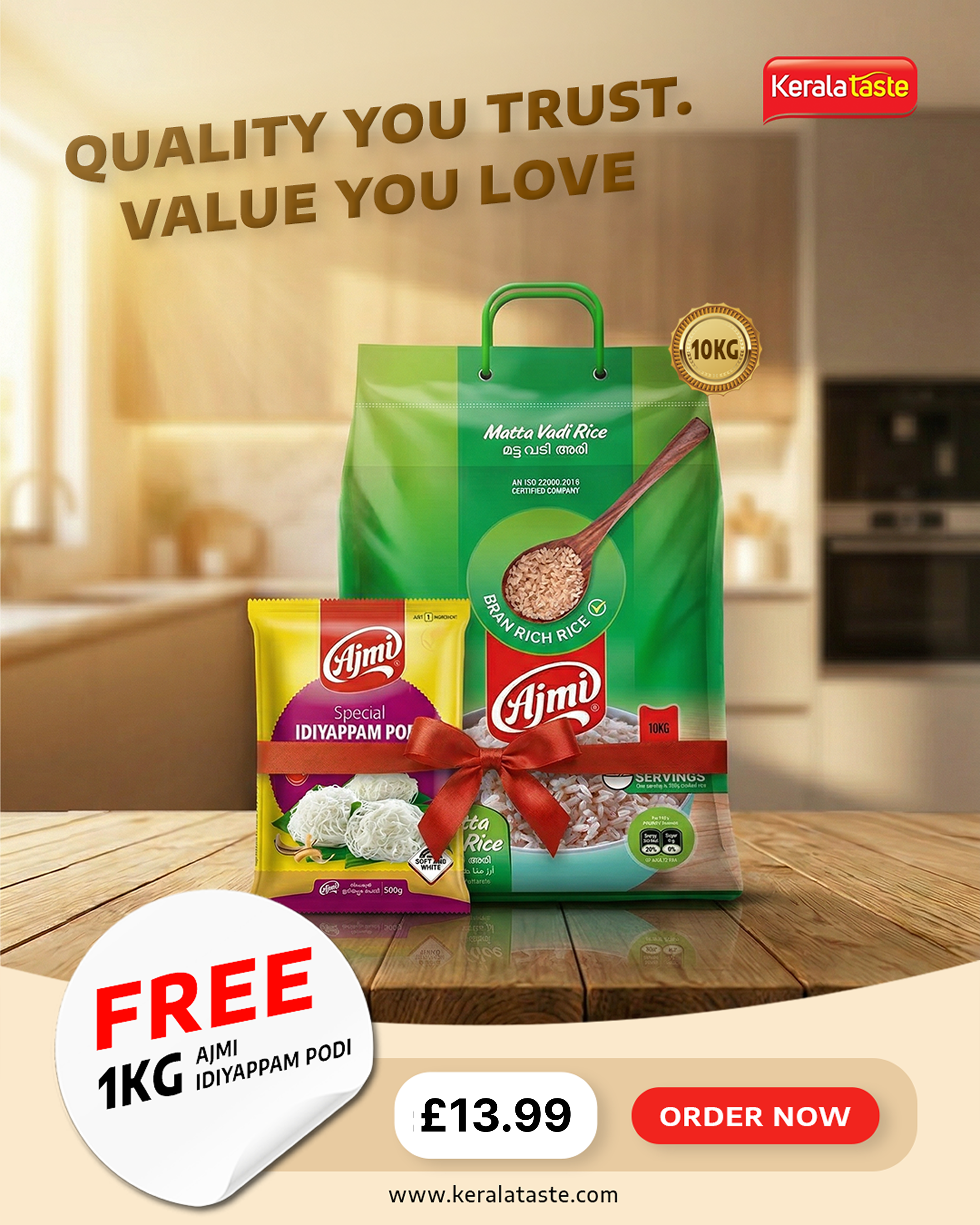Ajmi Matta Vadi Rice (10kg) + FREE Ajmi Idiyappam Podi (1kg)    *(Any 10Kg rice is limited to one bag per order)