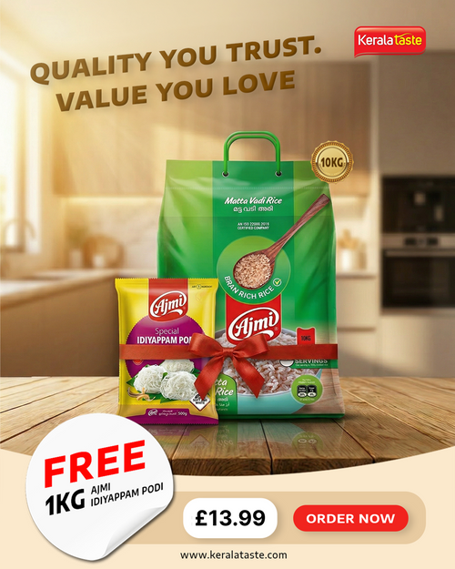 Ajmi Matta Vadi Rice (10kg) + FREE Ajmi Idiyappam Podi (1kg)    *(Any 10Kg rice is limited to one bag per order)